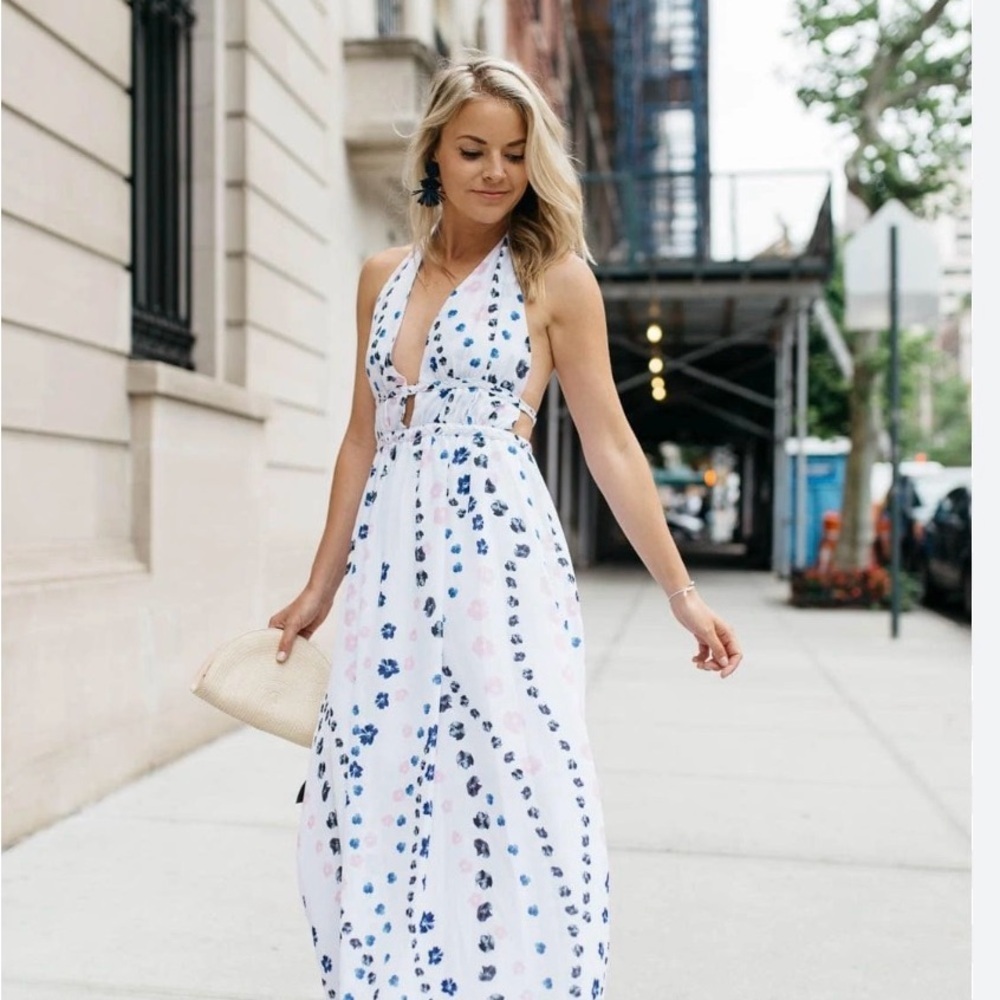 Aqua White Halter Maxi Dress with Blue Floral Dots